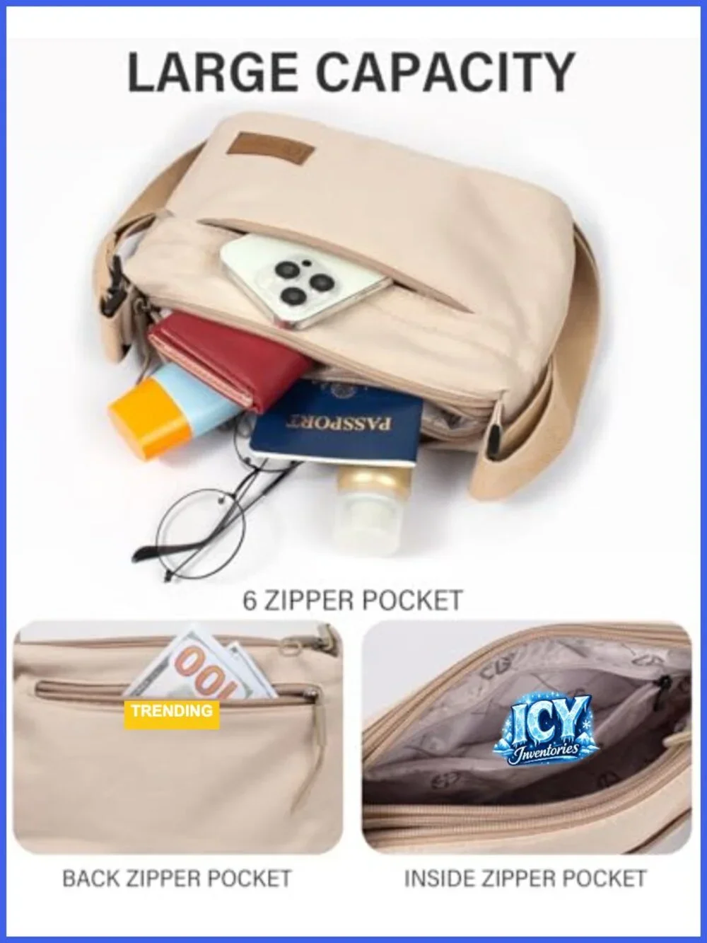 Nylon Crossbody Sling Bag with 6 Pockets, Adjustable Strap